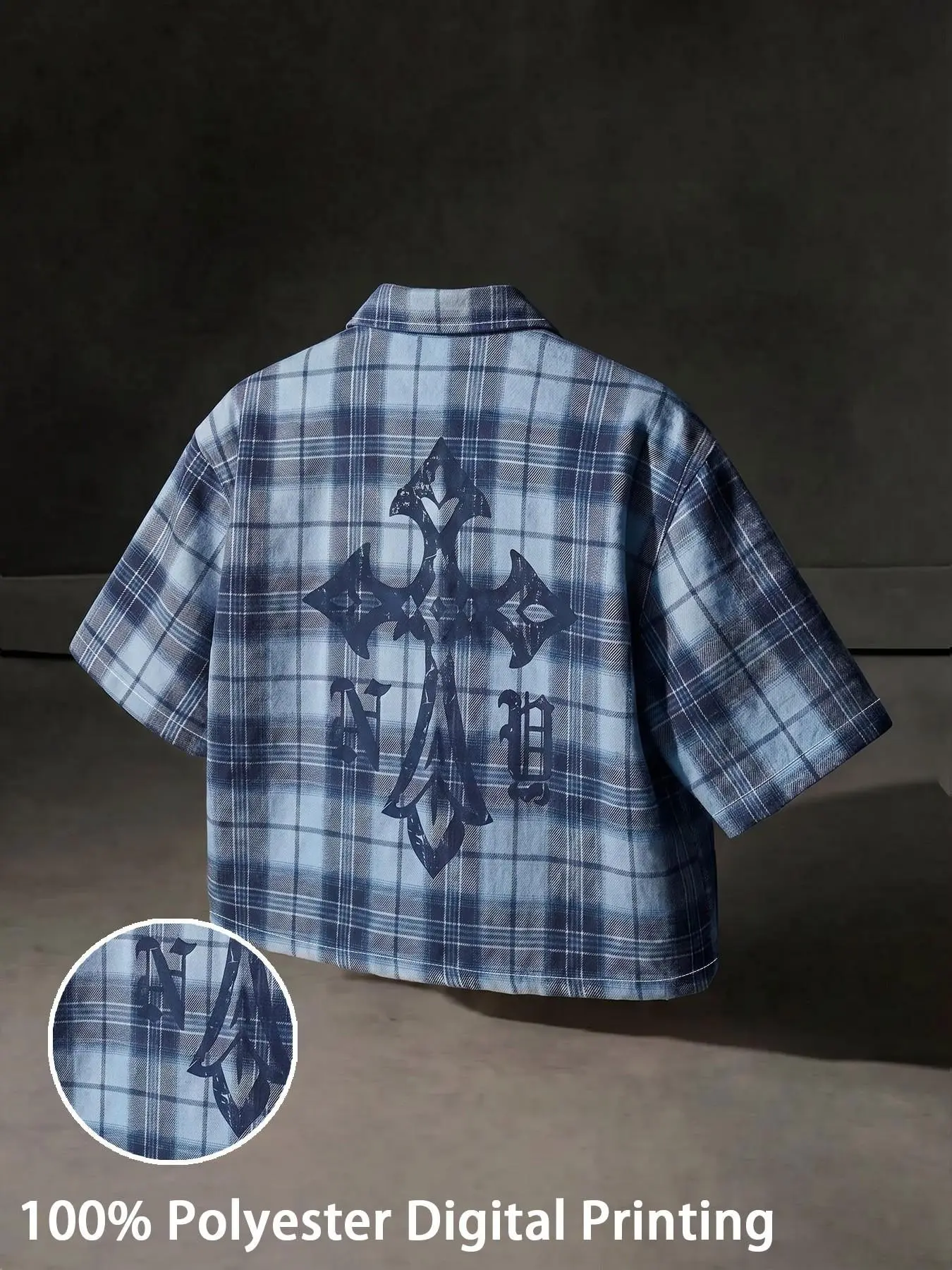 Men's Vintage Cuban Collar Shirt, Gothic Cross Print Back, Casual Short Sleeve Open Front, Loose Plaid Streetwear Top, Relaxed Fit