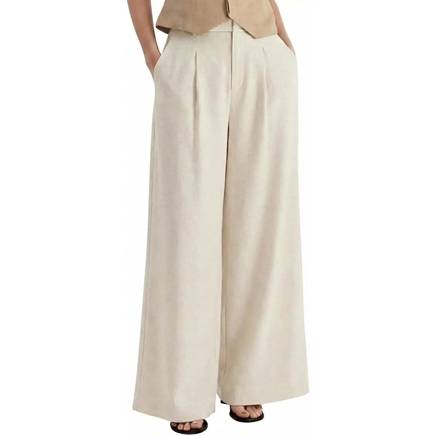 Women's Elastic Breathable Linen Trousers - High Waist Loose Wide Leg Palazzo Pants with Pockets, Slip-On Dress Pants for Business Casual Work, Pair with Blouses for Confident City Vibe
