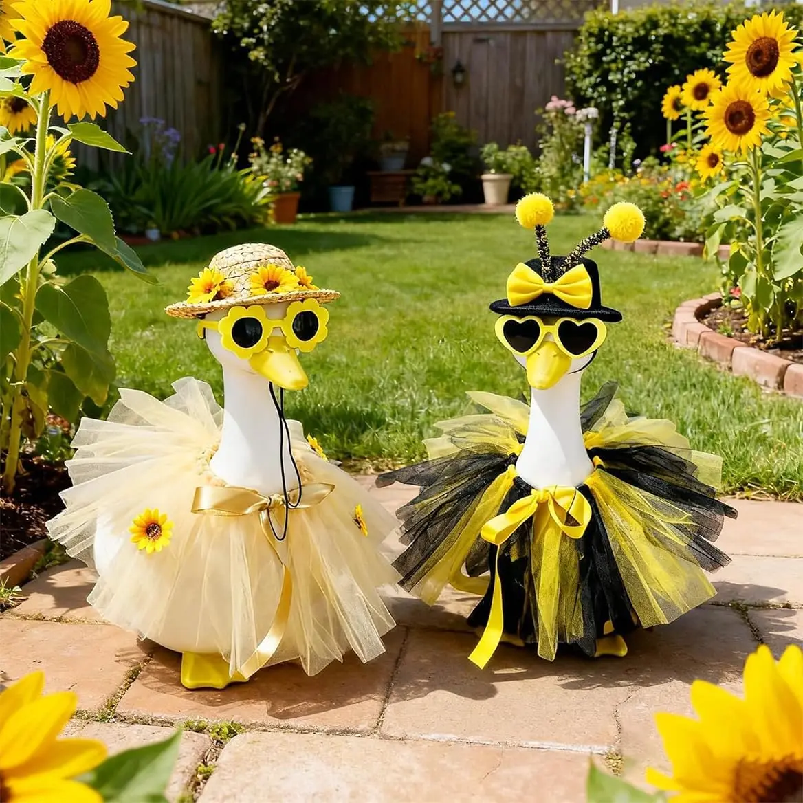 Funny 2Sets Spring Bee&Sunflower Porch Goose Outfits Dresses Clothes for 17"/23" High Cement or Plastic Porch Goose Clothes with Sunglasses for Yard Lawn Outdoor Garden Patio Statue Holiday Decor.