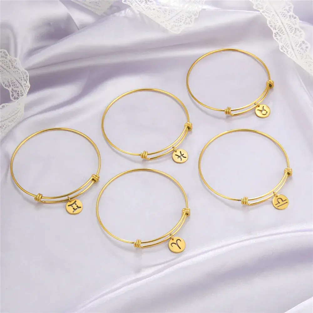 Zodiac Constellation Bangle Bracelet, Premium Steel Adjustable Fit Astro Sign Jewelry, Dainty Gold-Plated Minimalist Gift for Her