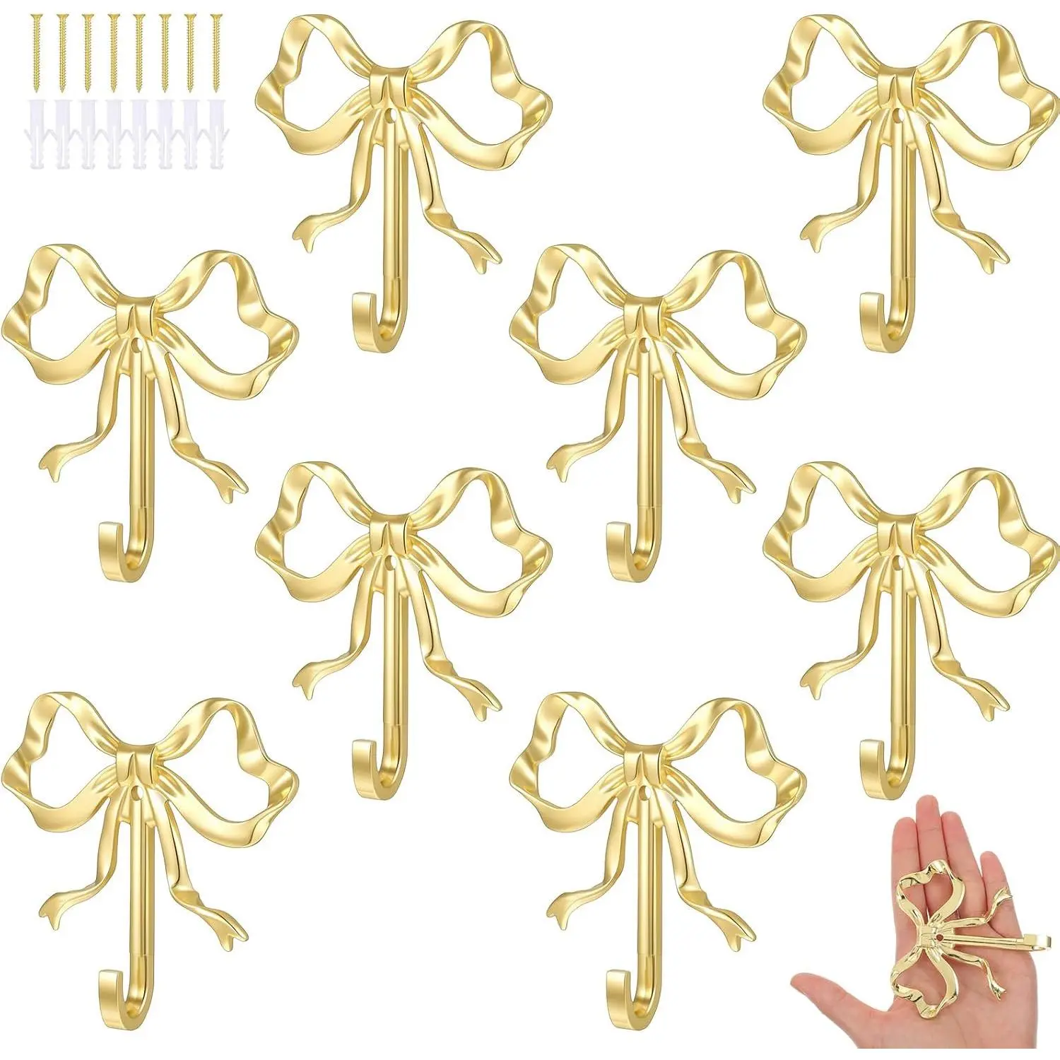 8-Piece Large Gold Metal Bowknot Wall Hook Set, Vintage Brass Decorative Organiser for Coats Hats Bags Towels, Easy Installation for Bathroom Living Room Organization