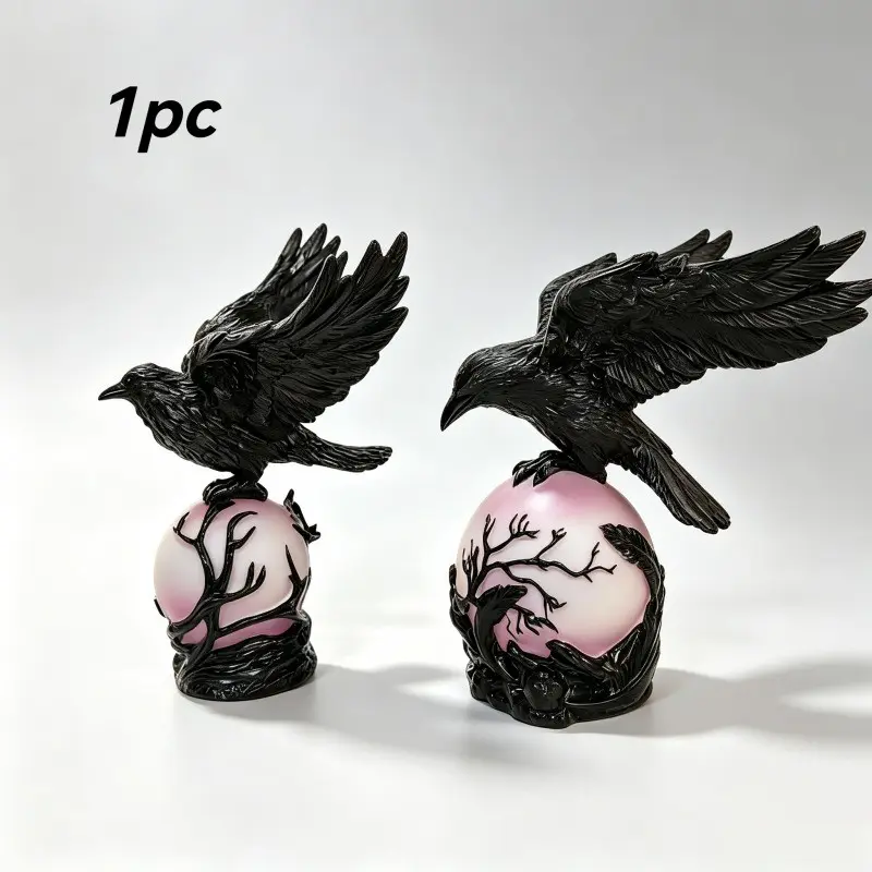 1Pc Halloween Raven Crow Eagle Statue Crystal Ball Figurine Gothic Spooky Witchy Dark Academia Aesthetic Black Bird Perched On Translucent Pink Orb With Branch Details Resin Home Desk Shelf Decor Bird Figurines TikTok Shop Summerween