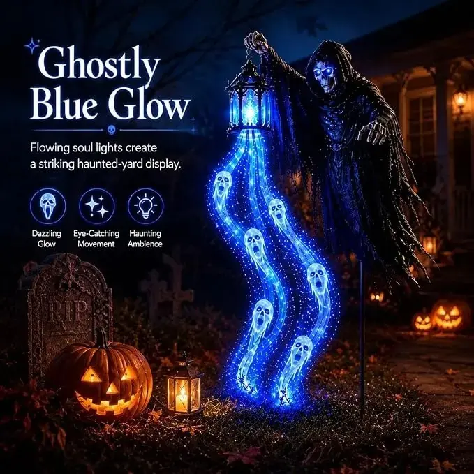 Halloween outdoor glowing skeletal ghost yard decoration lights, blue LED hanging lanterns, skull lights, spooky haunted props, waterproof outdoor decor, suitable for lawns, gardens, porches, and front yards-ideal for Halloween parties and home decoration