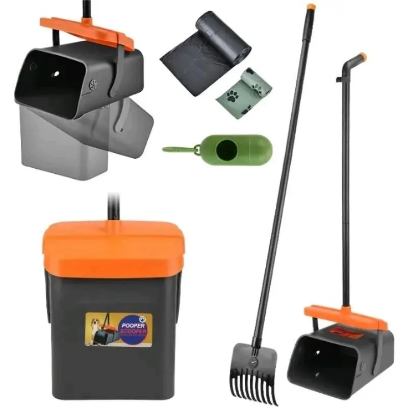 1 Set Large Pet Pooper Scooper Kit, rotating waste bin with dog rake, waste bags and dispenser design for quick pet waste cleanup, practical cleaning tool for dog walking, home pet care and everyday hygiene maintenance