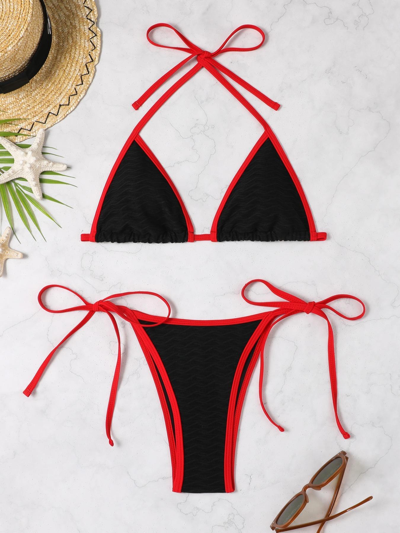 Two-Piece Set Women's Boho Contrast Binding Bikini Swimsuit, Halter Neck Tie Back Triangle Swim Bra & Tie Side Swim Bottom, Gothic Bikini, Tie Back Bikinis, Back To School Ladies Summer Swimwear for Beach Holiday Vacation