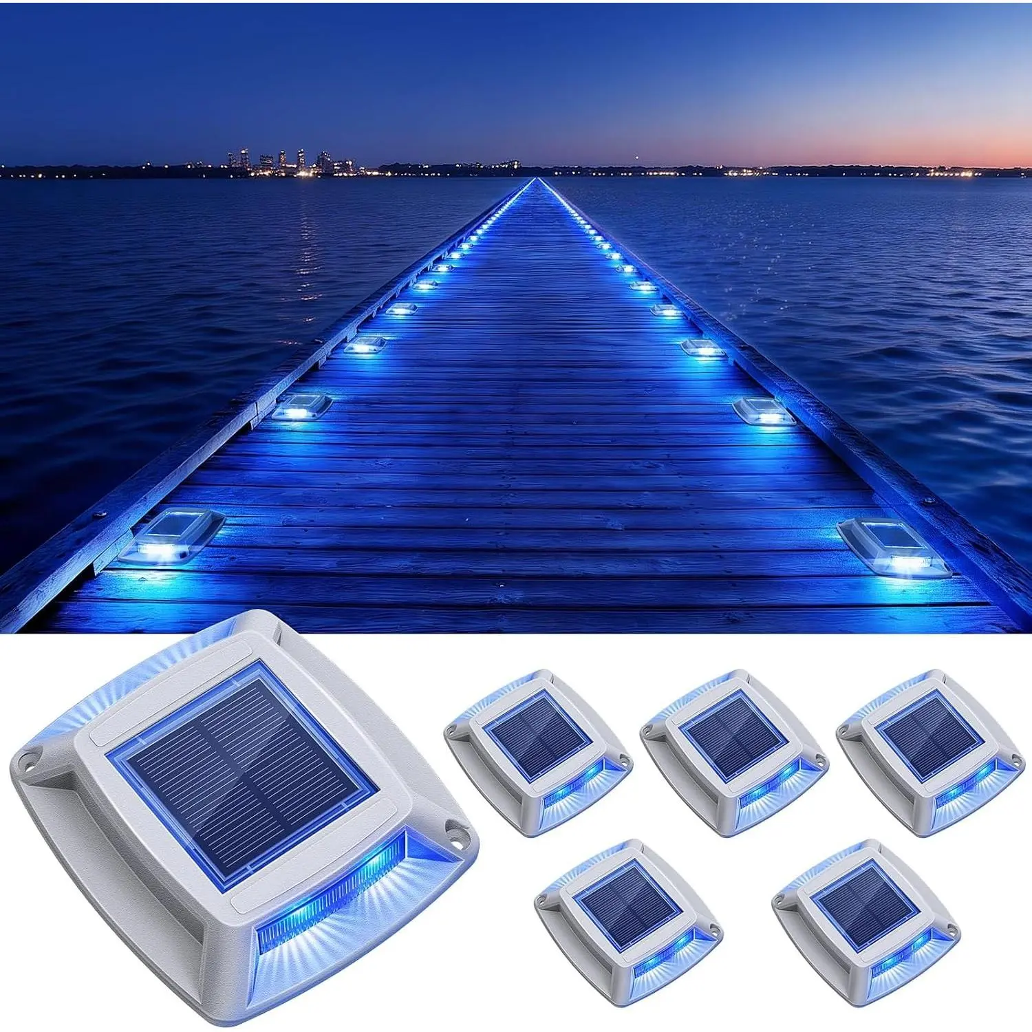 Solar Dock Lights Outdoor 6 Pack, IP68 Waterproof Solar Powered Driveway Marker Deck Lights for Steps Pathway Walkway Sidewalk Pool Garage Stair Marine Blue