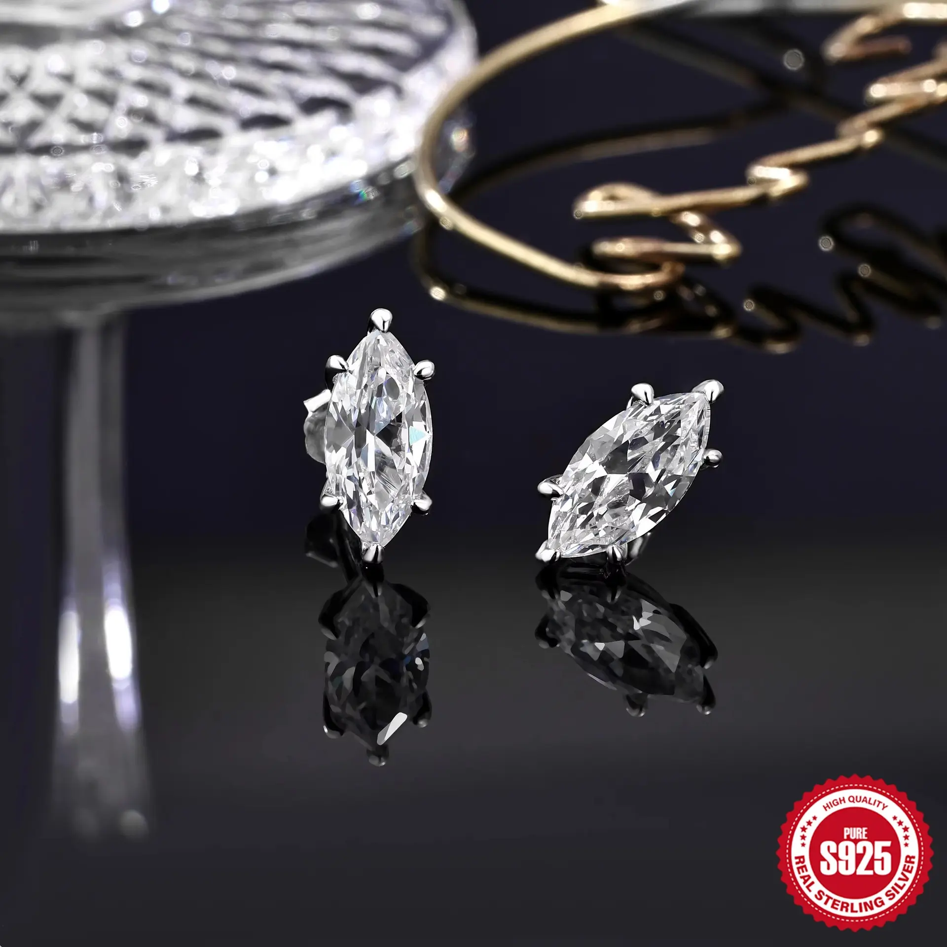 Women's Marquise Cut Moissanite Stud Earrings - S925 Silver, Gold Electroplating Option, D Color VVS Clarity, 3 Colors, Light Luxury Jewelry, Silicon Carbide Gemstone, Unisex Adults Hip-Hop Accessory, Note: Choking Hazard Small Parts