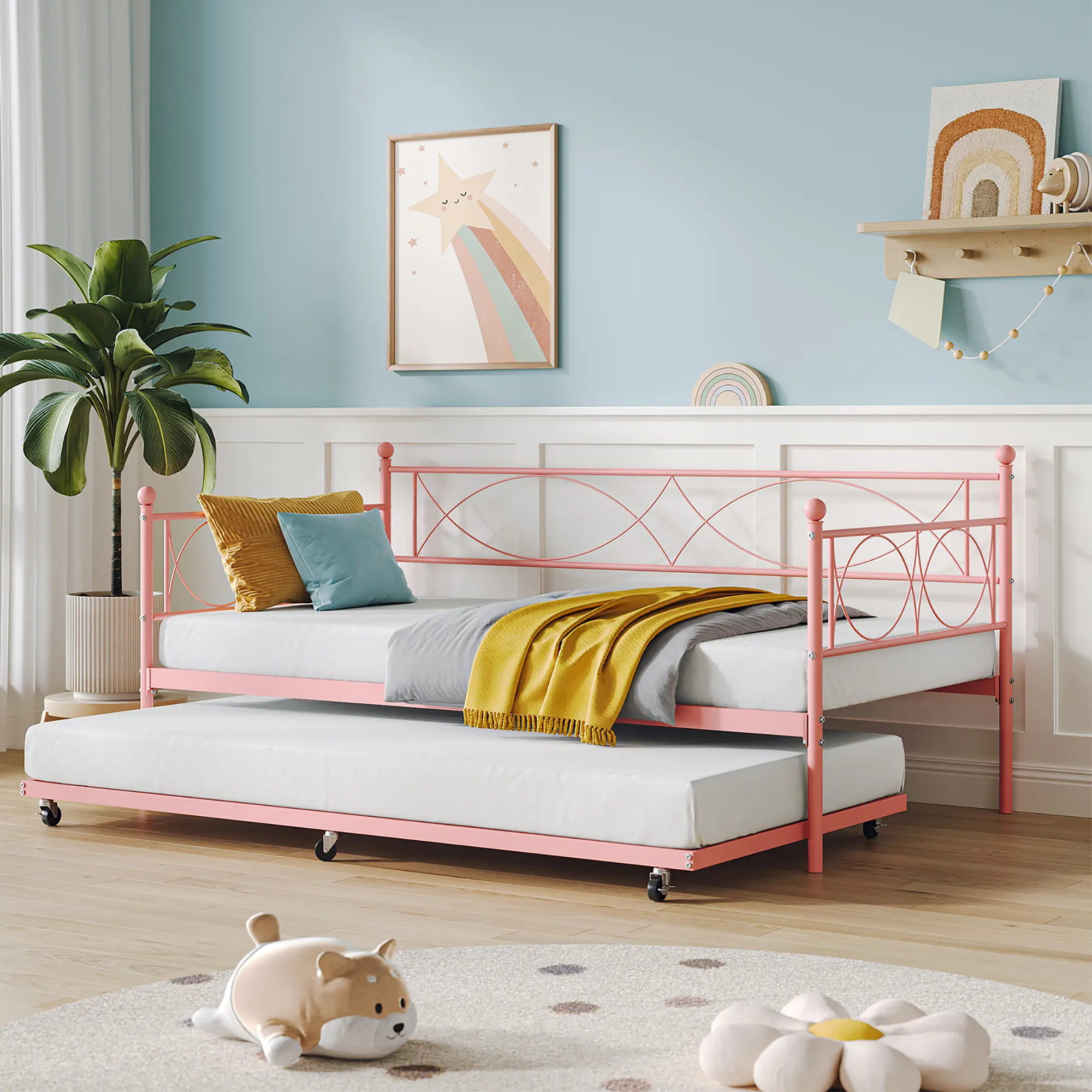 Daybed with Trundle - Day Bed with Trundle Bed Twin & Metal Twin Day Bed Frame with Pull Out Trundle, 2-in-1 Twin Bed with Trundle for Bedroom & Living Room, Sturdy Metal Slats Support
