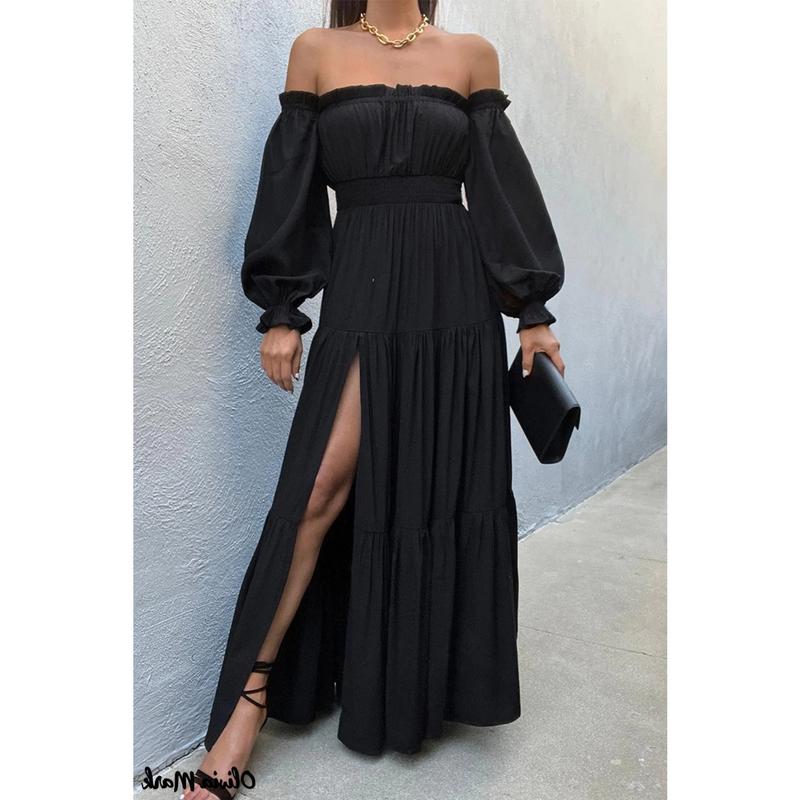 Black Love Minimalist Women's Off-Shoulder Ruffle Long Sleeve High-Slit Dress Elegant Basic Sundress for Summer Outfits Homecoming & Beach Wear Formal Womenswear