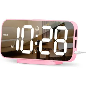 Mirror Digital  Clock for Girls & Teens,  Alarms, Snooze, Adjustable Brightness, 2 USB Ports, Weekday Display, Cute Bedside Clock for , Bedroom, Desk, Dorm,  Idea
