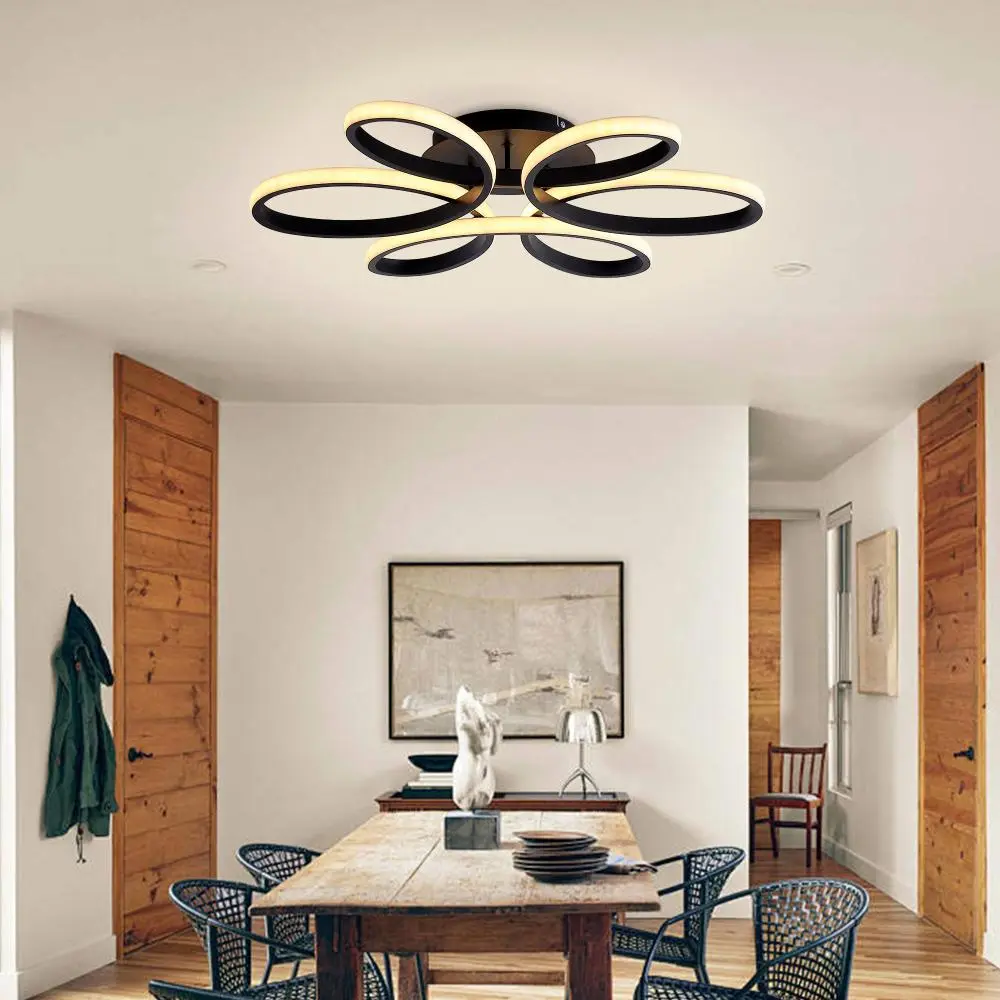 23" Modern LED Ceiling Light Fixture with Remote Control, 6 Rings Flower Flush Mount Ceiling Lamp, Black Dimmable Chandelier Lighting, Contemporary Round Ceiling Light for Living Room, Bedroom, Dining Room, Kitchen, Hallway, Home Decor