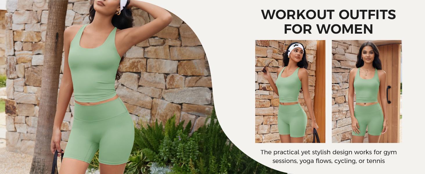 Imily Bela Womens 2 Piece Workout Sets Cross Back Padded Halter Tank Tops High Waisted Biker Yoga Shorts Gym Outfits