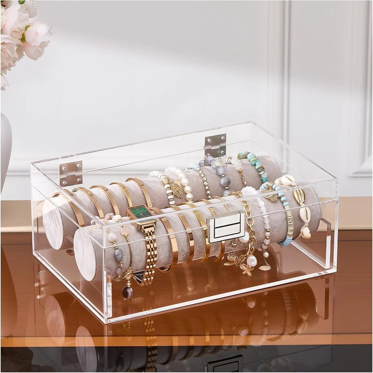 Acrylic Bracelet Organizer Box, Clear Jewelry Display Holder for Bangles Watches, Jewellery Accessories Storage Case for Women -No Drawer