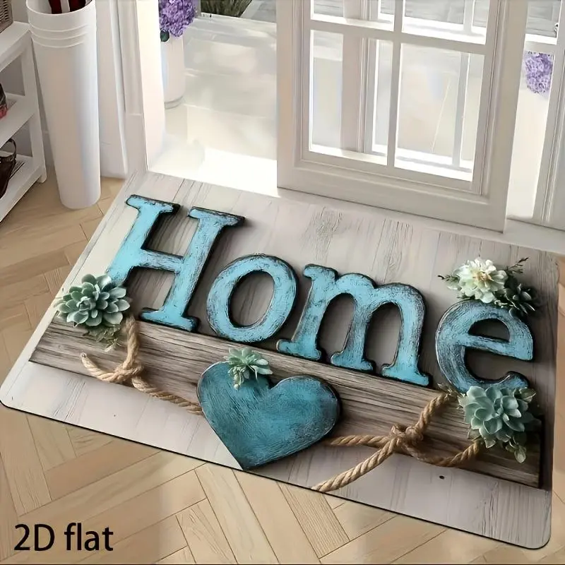 Farmhouse Wooden-Style Flannel Doormat - Heart Succulent Plant Print, Rope-Enhanced, Durable Non-Slip Rustic Welcome Mat with Welcome Home Sign, Washable 120×45cm Indoor Entryway Rug (Note: Product Images Are for Reference Only; Check Actual Item)