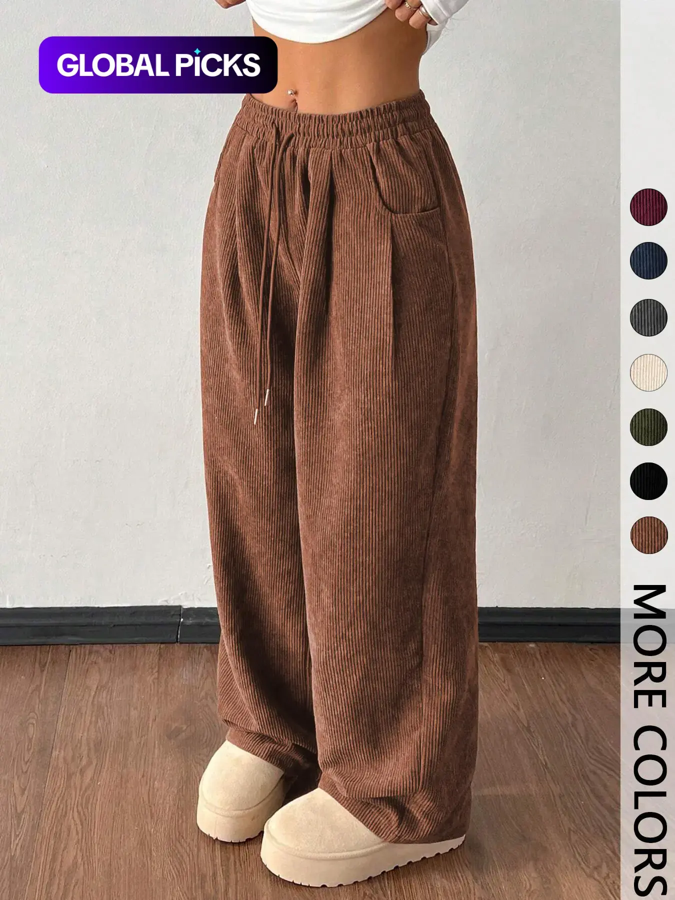Women's Vintage Basic Loose-Fitting Baggy Solid Corduroy Drawstring Adjustable Bottom Pants, Womenswear Casual All-Season Straight Leg Trousers for Autumn & Winter Valentine's Day