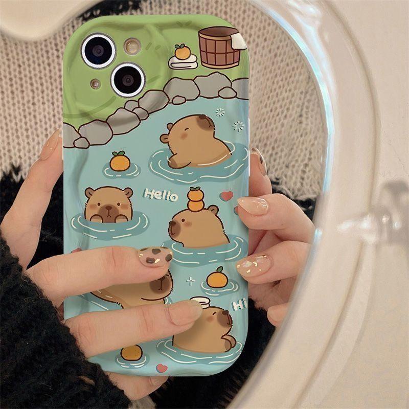 Full-screen bath capybara Pattern Case for iPhone 16 15 14 Pro Max 13 12 11 XR XS Plus Shockproof Full Camera Protection Durable slim Silicone Cover