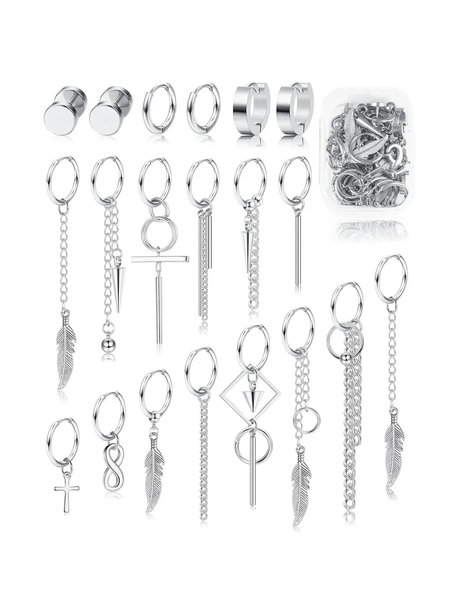 Diverse 20 Pcs Silvery Cool Hoop Men's Earrings Stylish Stainless Steel Hinged Hoop Earrings for Women Men Cross Dangle Earrings Stud Earring Sets Long Chain Kpop Earrings Set Statement Earrings Earrings Jewelry Ear Hoops