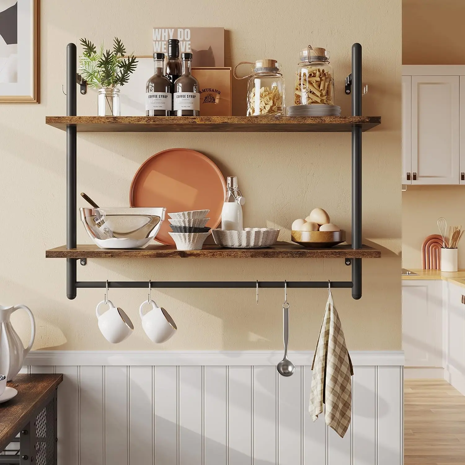 Pipe Shelf Industrial Floating Shelving 31" Kitchen Wall-Mounted Shelf with Towel Bar Hooks Coffee Bar Shelves Wine Hanging Display Rack Bookshelf Living Room Decor Bathroom-Rustic Brown