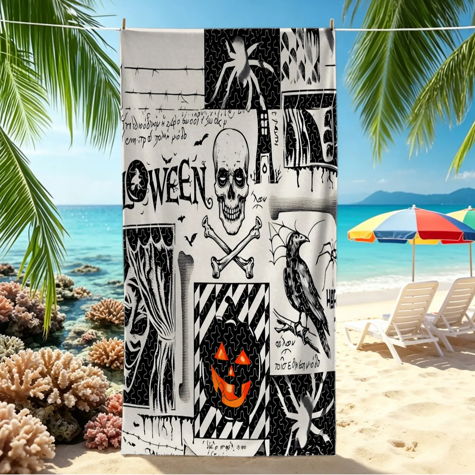 Vintage Gothic Halloween Digital Print Beach Towel, Quick Dry Pool Towel, Portable Camping Towel, Absorbent Bath Towel Blanket With Skeleton Witch Pattern, Ideal For Travel Beach Pool, Unique Halloween Holiday Accessory For Adults