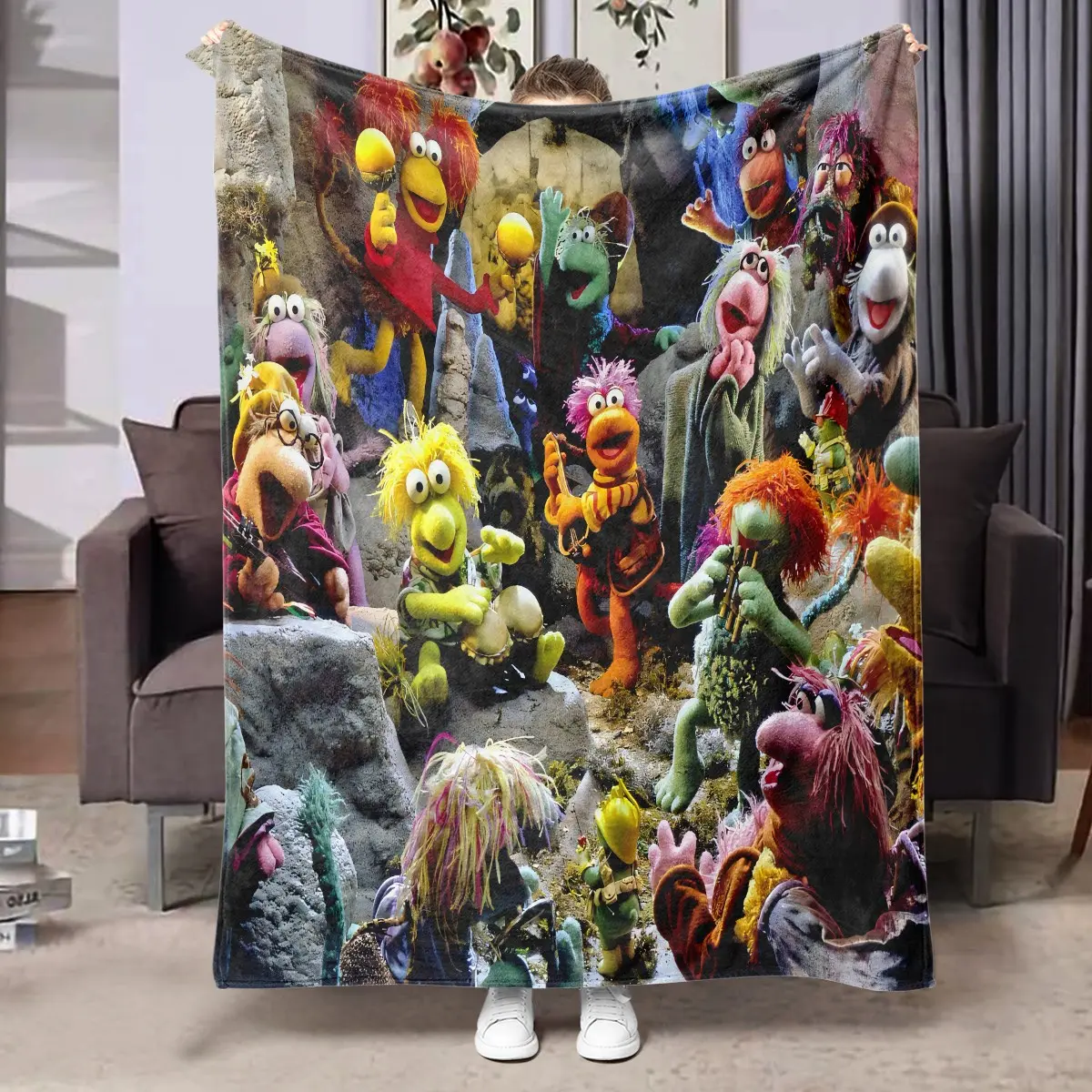1pc Fraggle Rock Cave Puppet Band Fleece Blanket, Rocky Cavern Colorful Cartoon Muppet Vintage Scene Print, Soft Warm Nap Throw For Sofa, Bed, Office, Camping, Perfect Christmas Gift