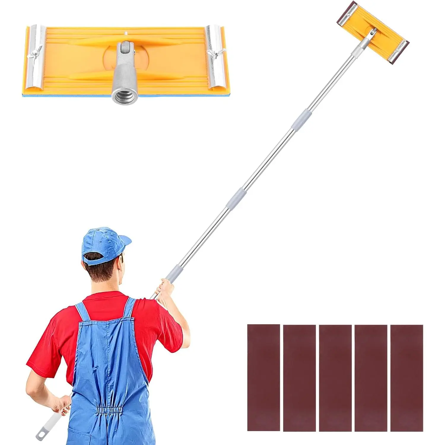 Pole Sander For Drywall, 70" Adjustable Pole, Wall Sander for Painting Prep, Ceiling Sander, Drywall Sander Tool, Deck Sander, Popcorn Ceiling , 5 Sandpapers(60, 80, 180, 240, 320 Grit)