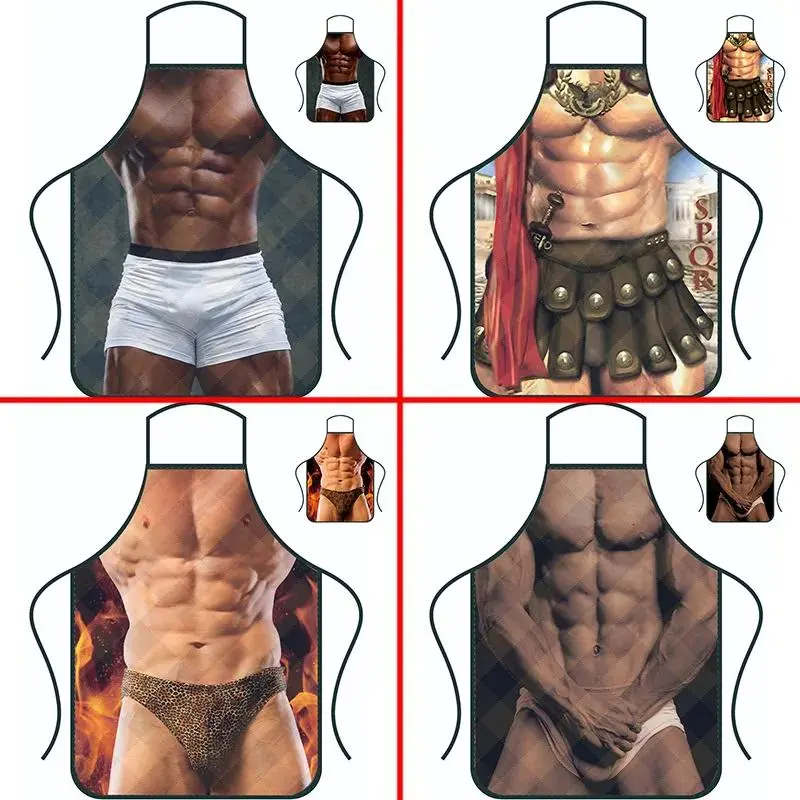 Funny Novelty Muscle Man Print Kitchen Apron for Men, Creative High‑Value Household Cooking Overalls‑Style Apron, Durable 80×60CM Apron for BBQ, Cooking, Baking & Party Gag Gift