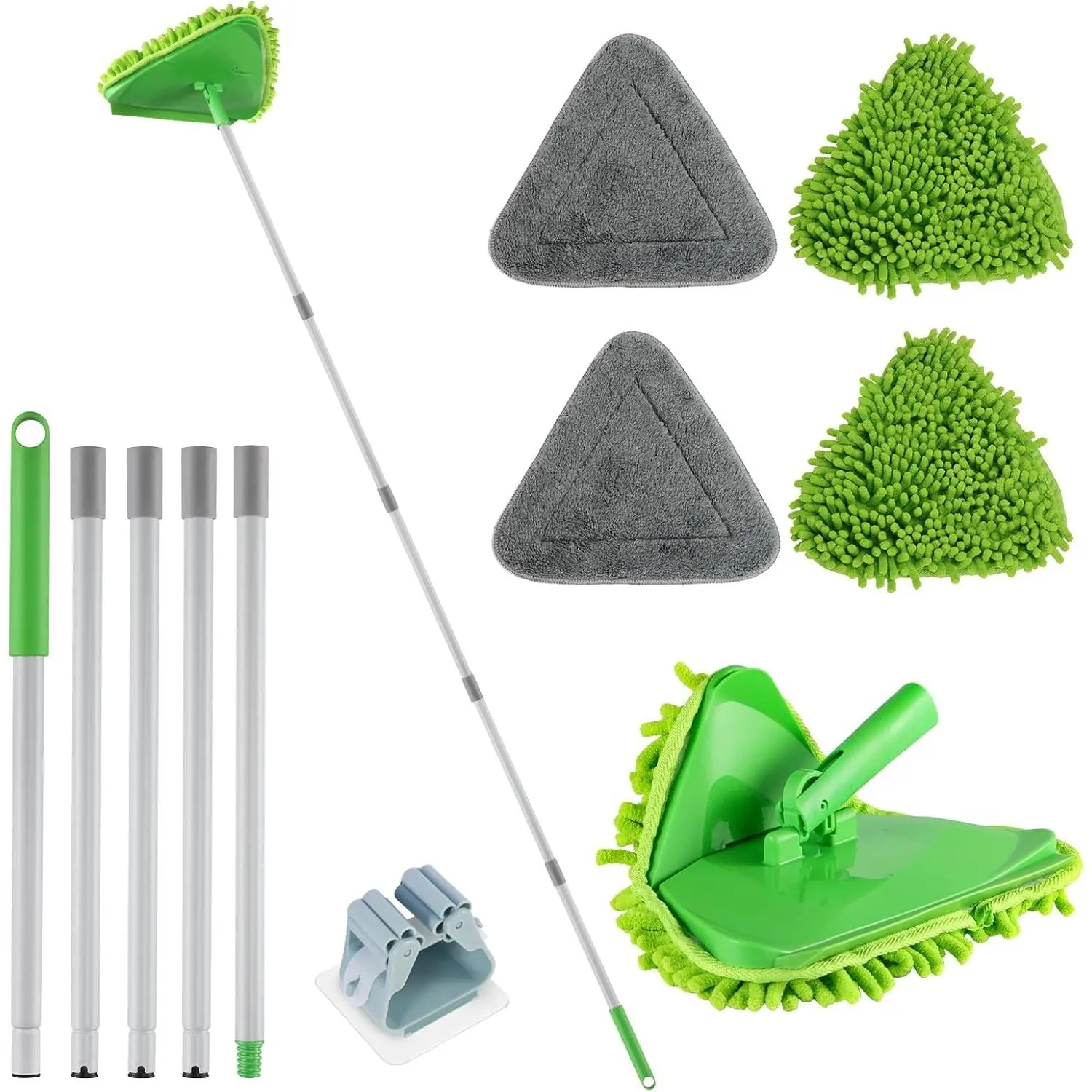 82-Inch Long Handle Wall Cleaner Mop, Baseboard Cleaning Tool with Triangle Head, Squeegee & 4 Pads, Multipurpose Wall Scrubber for Walls, Ceilings, Windows, Baseboards, Floors