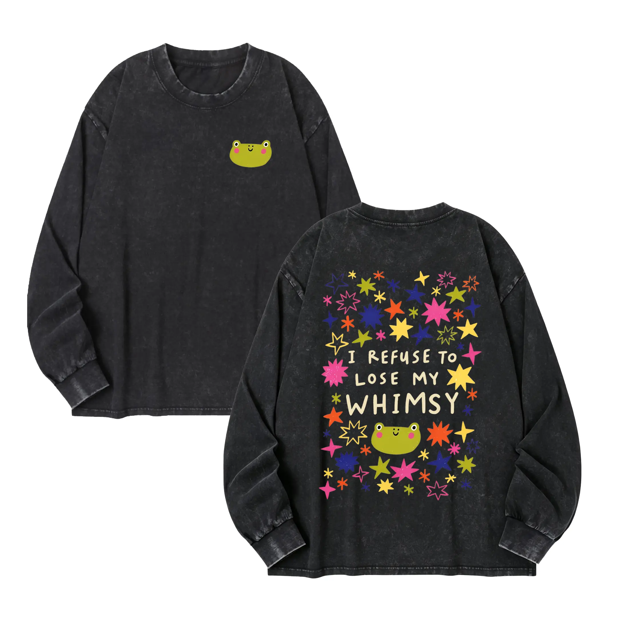 Vintage Washed Crewneck Sweatshirt Frog Front Back Graphic Pullover I Refuse To Lose My Whimsy Colorful Star Aesthetic Casual Oversized Top For Women