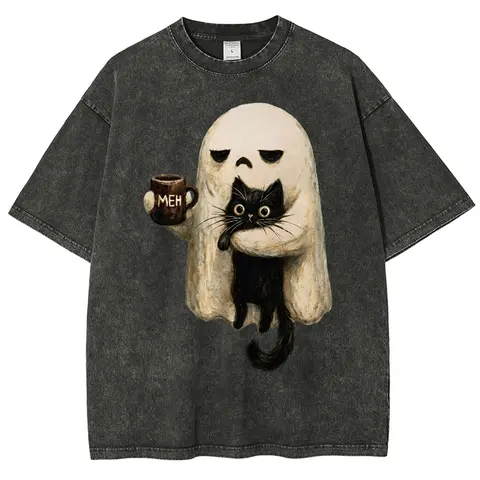 Unisex Lazy Ghost, Scared Black Cat, Mug, Halloween Graphict Washed T-Shirt Personalized Pattern Y2k Clothing Round Neck Washed T-Shirt,Women's Clothing 100% Cotton, Menswear, Top, Vintage Style,Summer Casual Oversized