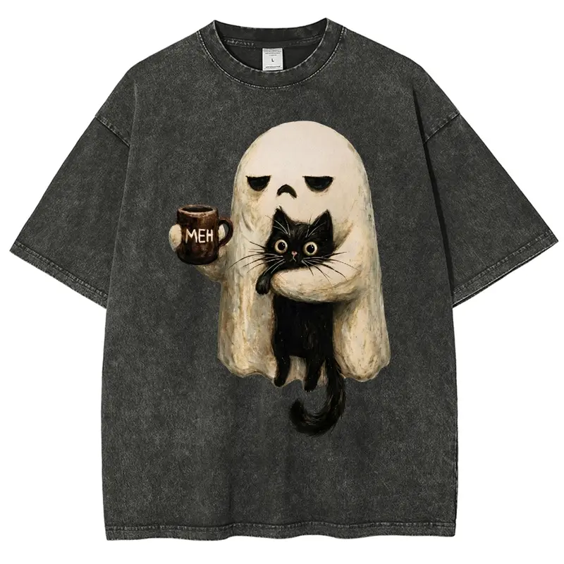 Unisex Lazy Ghost, Scared Black Cat, Mug, Halloween Graphict Washed T-Shirt Personalized Pattern Y2k Clothing Round Neck Washed T-Shirt,Women's Clothing 100% Cotton, Menswear, Top, Vintage Style,Summer Casual Oversized