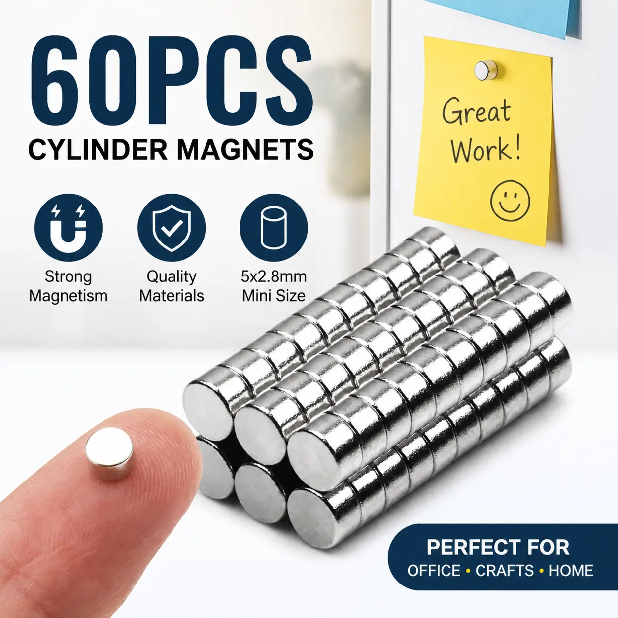 60pcs Small Refrigerator Magnets, High-Quality Solid White Cylinder Magnets for Office Whiteboards, Crafts, and Decor, No, Affordable, No Warning Applicable, Cylinder Shape, 5X2.8mm-60Pcs, Magnets Pack