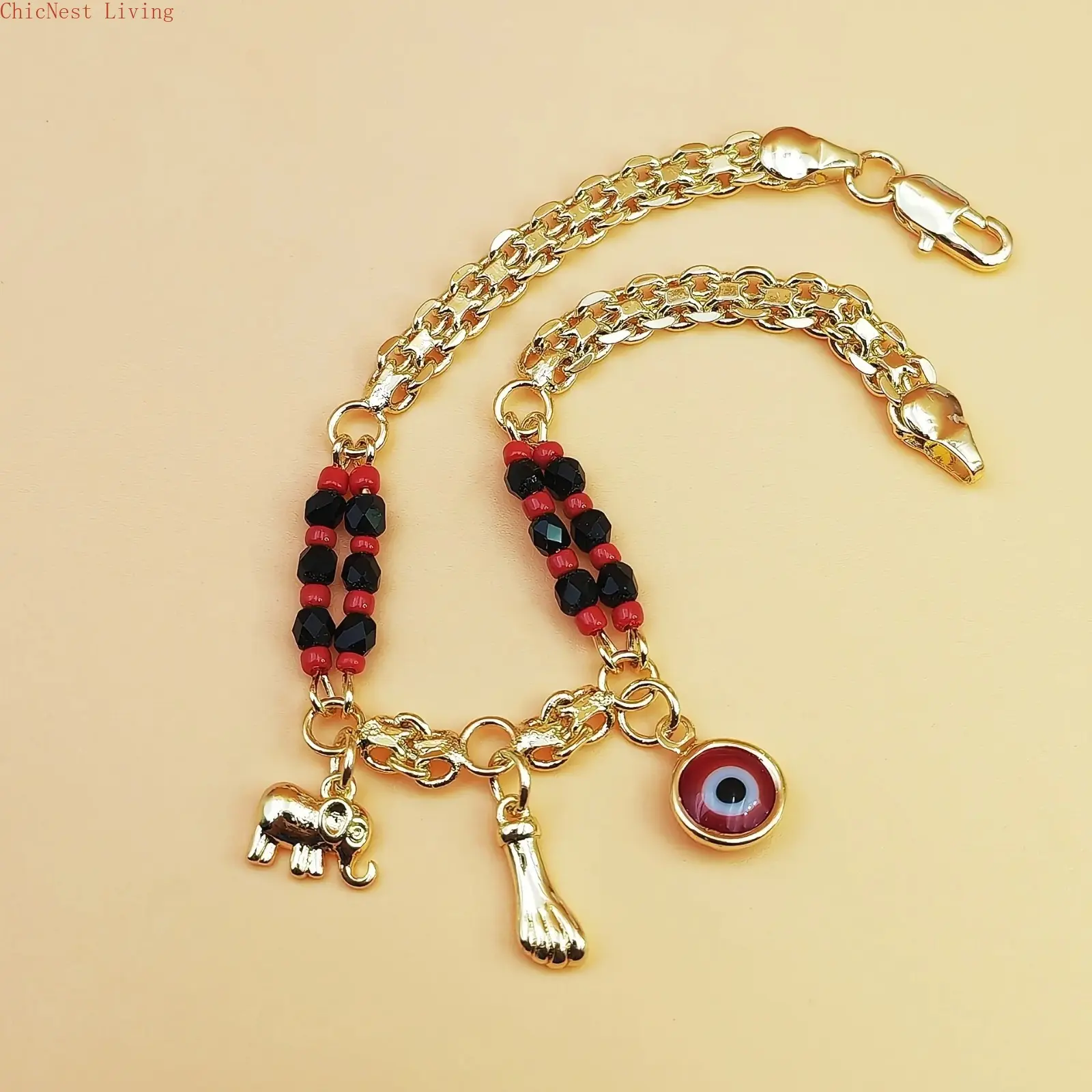 Boho Style Beaded Bracelet with Red and Black Beads, Gold-Plated Copper Elephant & Evil Eye Charms, Festival Jewelry for Women, Boho Style Bracelet, Festival Wear, Ethnic, Unisex, Elephant & Devil's Eye Charms, Metal Coating