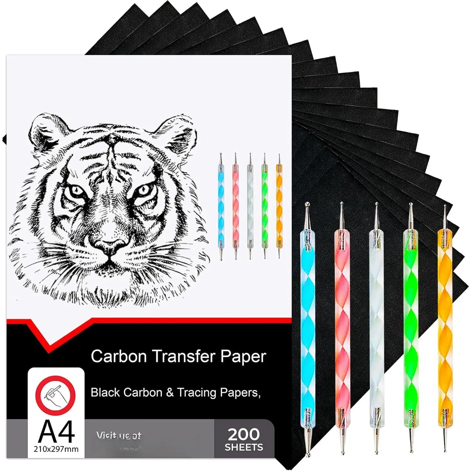 200 Sheets Black Carbon Paper for Tracing  Fabric | Carbon Paper for Tracing   & Canvas, Tracing Paper for Drawing Sewing Patterns, 5 Stylus, A4 Size (9 X 13) Graphite Transfer Paper