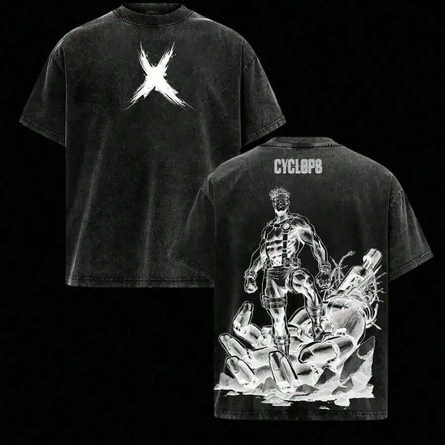 Men's Vintage Distressed Cyclops X-Men Double-Sided Printed 100% Cotton Round Neck Short-Sleeve Streetwear T-Shirt - All Seasons Casual Top, Ideal for Comic Fans, Suitable for Daily Wear, Bar Outings, Vintage Wash