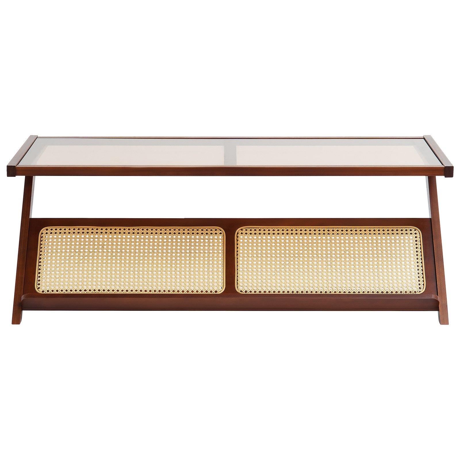 VEVOR Rattan Coffee Table, Z-Shaped Rattan Woven Bamboo Coffee Table with Tempered Glass Top, 47" Modern Boho Storage Coffee Table with Natural Bamboo Legs, for Living Room, Bedroom & Small Spaces