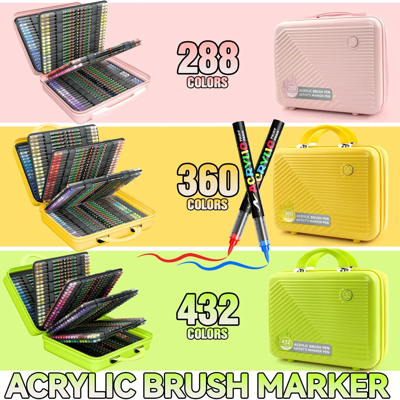 Acrylic Marker Pens Set 288/360/432 Pieces, Soft Tip Liquid Pen, Ideal for Rock Art, Scrapbooking, Handwriting, Canvas, Students, Office Use