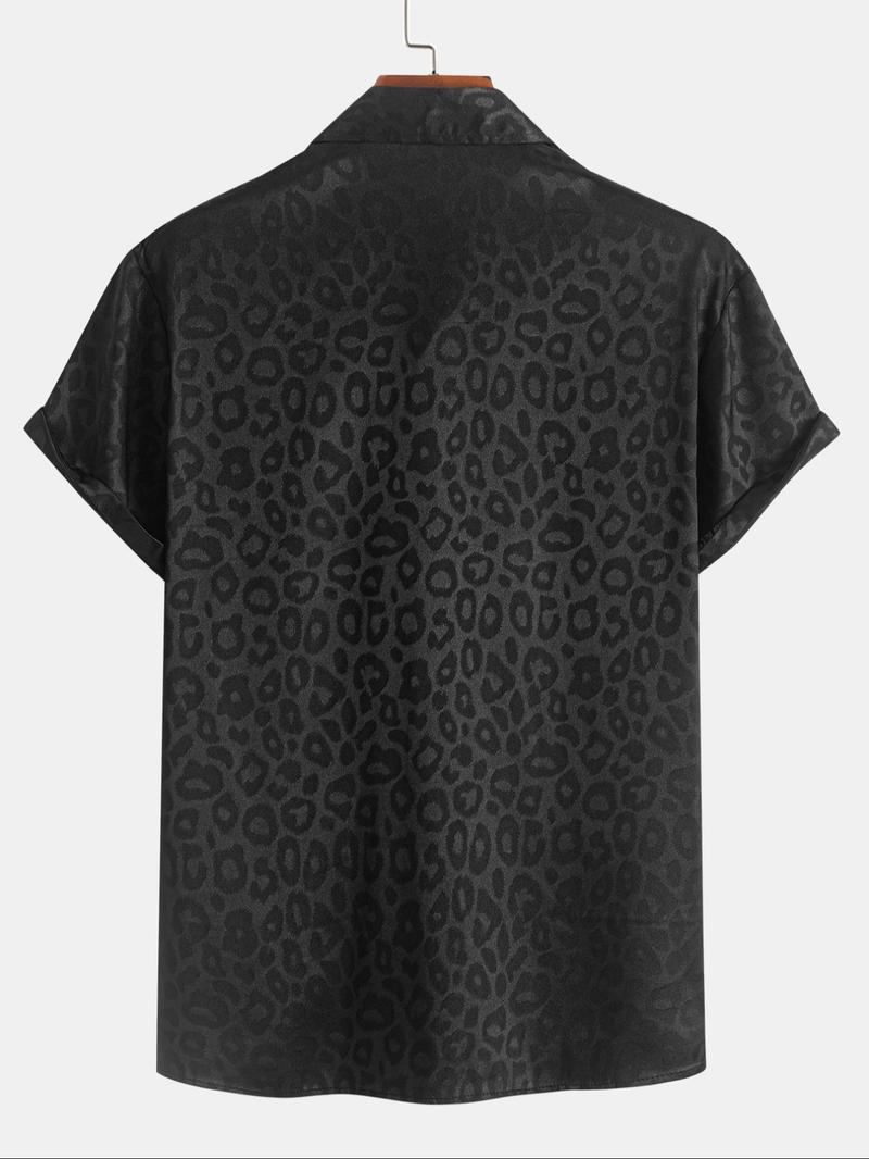 Men's Leopard Jacquard Satin Short Sleeve Shirt, Casual Party Shirt, Regular Fit Casual Soft Comfy Button Front Collared Top for Summer, Fashion Men's Clothes for Daily Wear