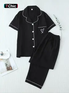 Women's Two-Piece Pajama Set, Contrast Binding Lapel Pocket Heart Embroidery Short Sleeve Top & Bow Pants Sleepwear for Home Use