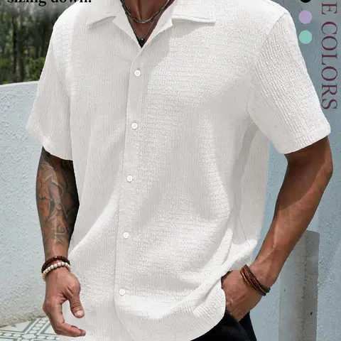 Men's Textured Knit Plain Button Front Shirt, Casual Regular Fit Short Sleeve Collared Top, Summer Wear, National Day, Daily Men's Clothing, Button Up