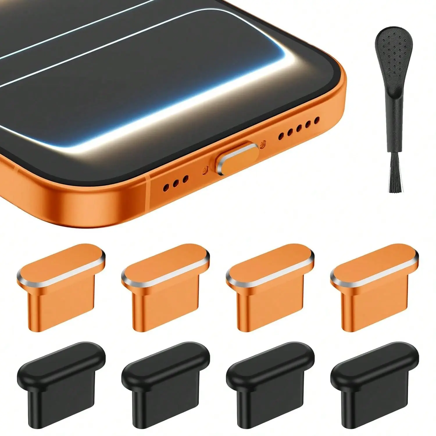 4 Aluminum Alloy + 4 Silicone USB-C Dust Plugs with Cleaning Brush, Compatible with iPhone 17 Pro/max, 16/15, Galaxy S25, All Type-C Devices