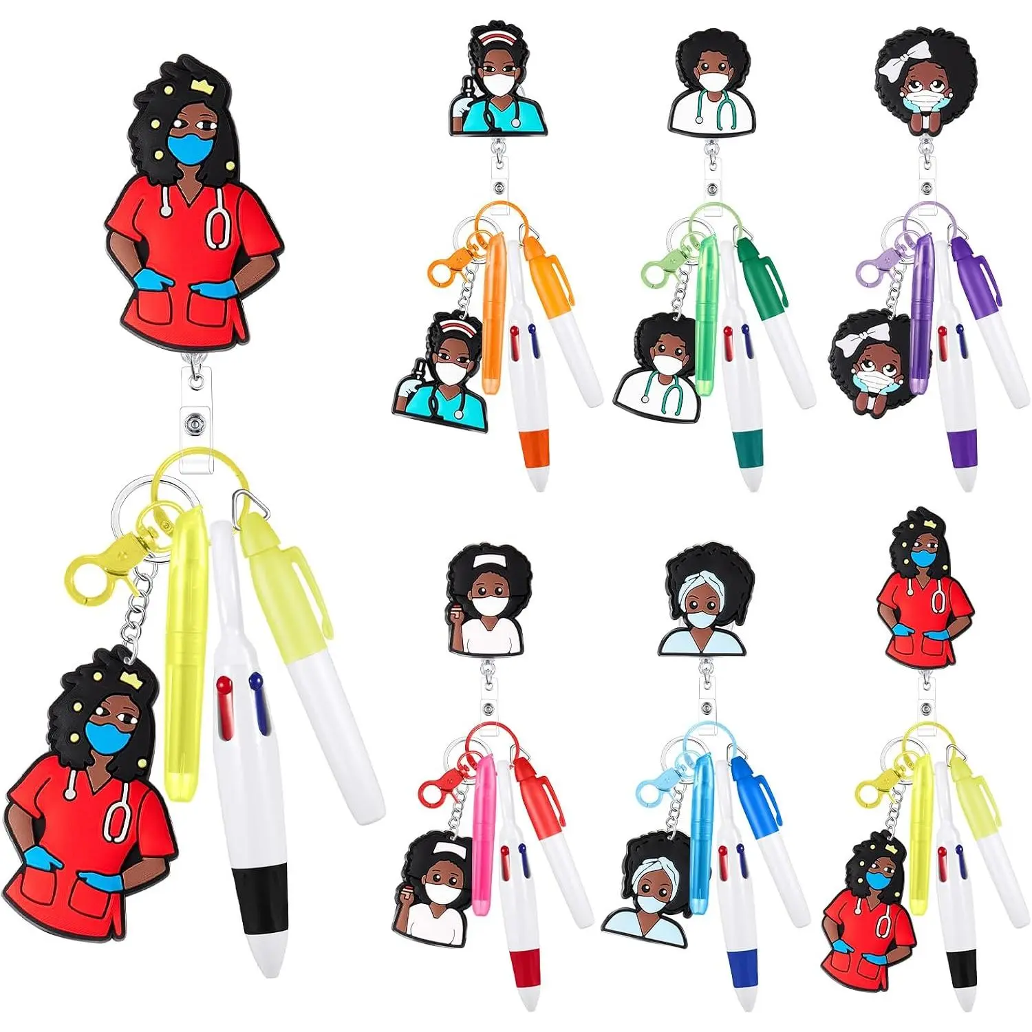 36 count Nurse Badge Reel with Mini Highlighter Pens 2026 Cna  Week Gifts Bulk Retractable Badge Clips Accessories for Cna   Staff Women (Black Girl)