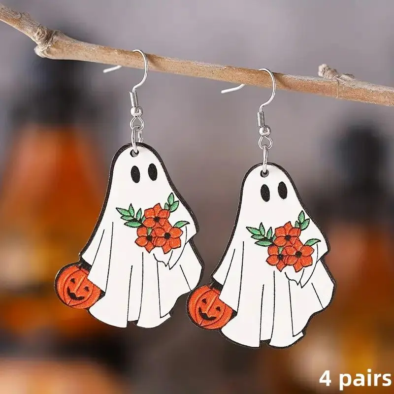 Ghost & Pumpkin Pattern Hanging Earrings, 4 Pairs Cute Style Wooden Accessories, Creative Female Gift, Halloween Party Accessories