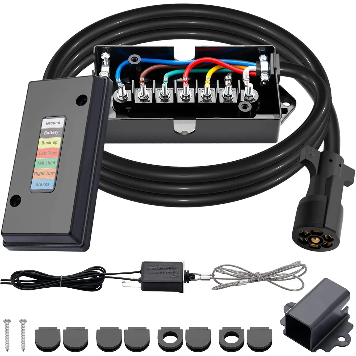 7 Way Trailer Cord and 7 Gang Junction Box Kit with 12V Breakaway Switch and Plug Holder Heavy Duty 8 FT Trailer Wiring Harness Kit for Trailers RVs Campers