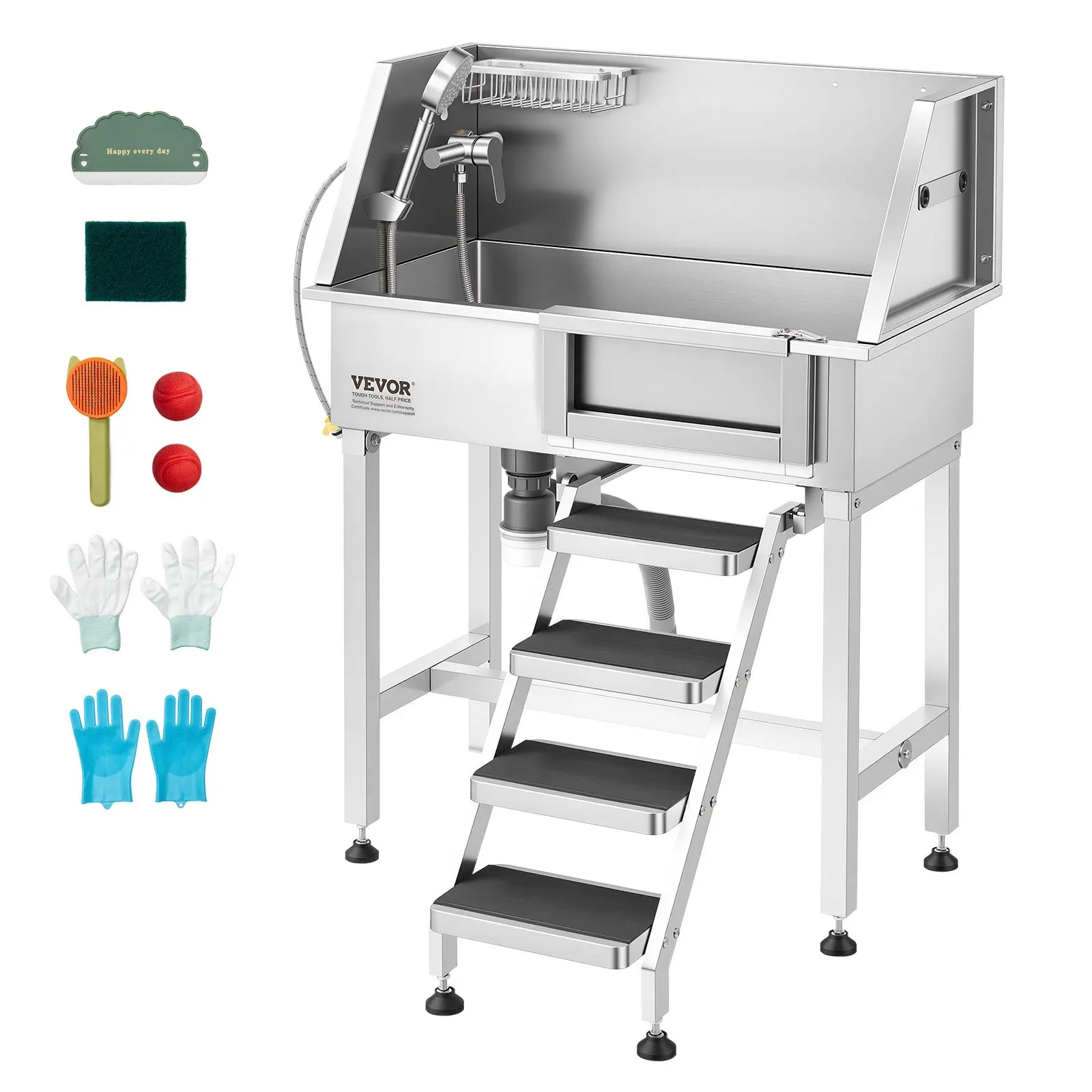 VEVOR 34.3 x 19.2 x 44 in Stainless Steel Dog Washing Station Bathtub, Professional Pet Grooming Sink with Shower, Faucet, Soap Holder, Non-Slip Stairs, Easy-Clean Design, 220 Lbs / 100 Kg Load Capacity for Small Pets (Right Door), Bathtubs