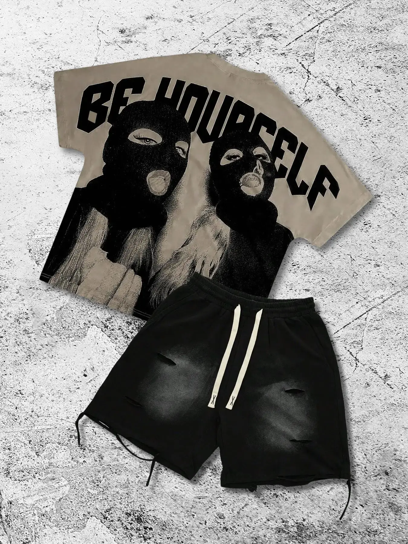 American Vintage Masked Figure Back Large Letter Short Sleeve Set, Distressed Washed Ripped Drawstring Five-Quarter Shorts Two-Piece Set