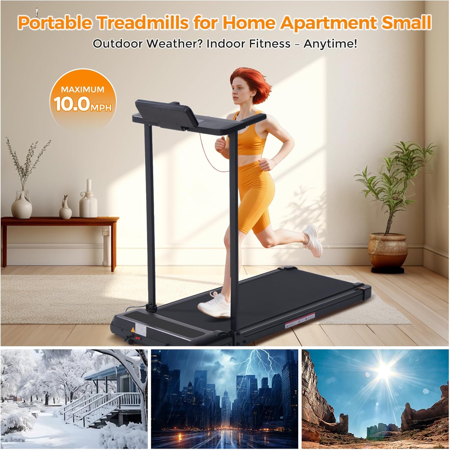 SUNDAY MIRTH Folding Walking Pad Treadmill with Handle Bar, 3.5HP Compact Portable Foldable Walking Pads Treadmill with Handles, Electric Small Treadmills for Home Office Apartment, LED Display, 400 LBS Capacity