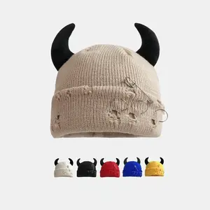 2026 Unisex Knitted Beanie With Devil Horns Halloween Distressed Skull Cap Hip Hop Winter Warm Yarn Hat For Men Women