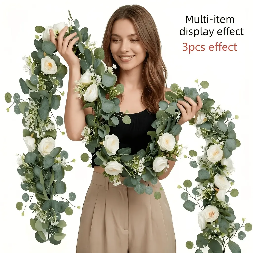 1PC 178.1 cm / 70.07 inches Realistic artificial eucalyptus wreath with white roses and lifelike vines, suitable for wedding arch backdrops, table decorations, home party decorations, rustic farmhouse-style party decorations, and both indoor and outdoor