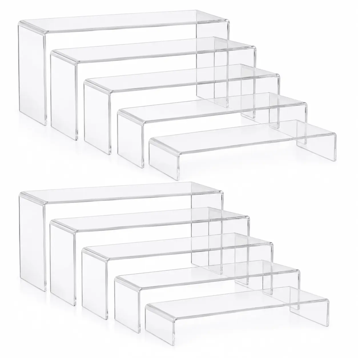 10-Piece Clear Acrylic Display Risers Set, U-Shaped Nesting Stands, 5 Different Sizes, Stair-Step Design for Multi-Purpose Display