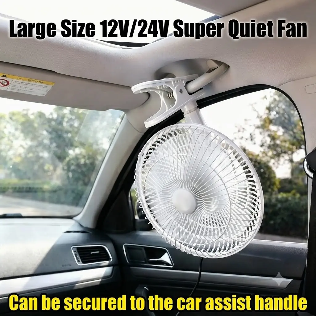 12V 24V High Power Car Fan, Pure Copper Motor Oscillating Clip Fan, Strong Airflow Heavy Duty Electric Fan for Truck Vehicle with Low Noise Wide Angle